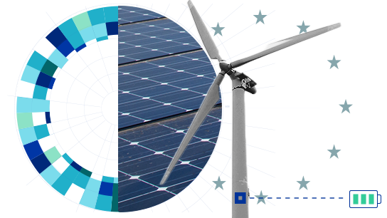 Koláž znázorňující integraci obnovitelných zdrojů energie, na které je zobrazena větrná turbína, solární panely a ikona baterie symbolizující ukládání energie.