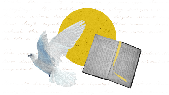 Eine fliegende weiße Taube neben einem aufgeschlagenen Buch; dahinter ein gelber Kreis.