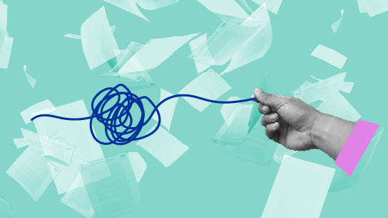 A hand holding a blue thread that transitions from a tangled knot to a straight line, symbolising the simplification of EU rules to enhance competitiveness. The background features scattered documents.