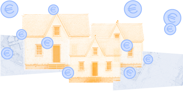 imagem de três casas amarelas e de várias moedas de euro azuis a cair em frente das casas. Uma planta arquitetónica em pano de fundo.