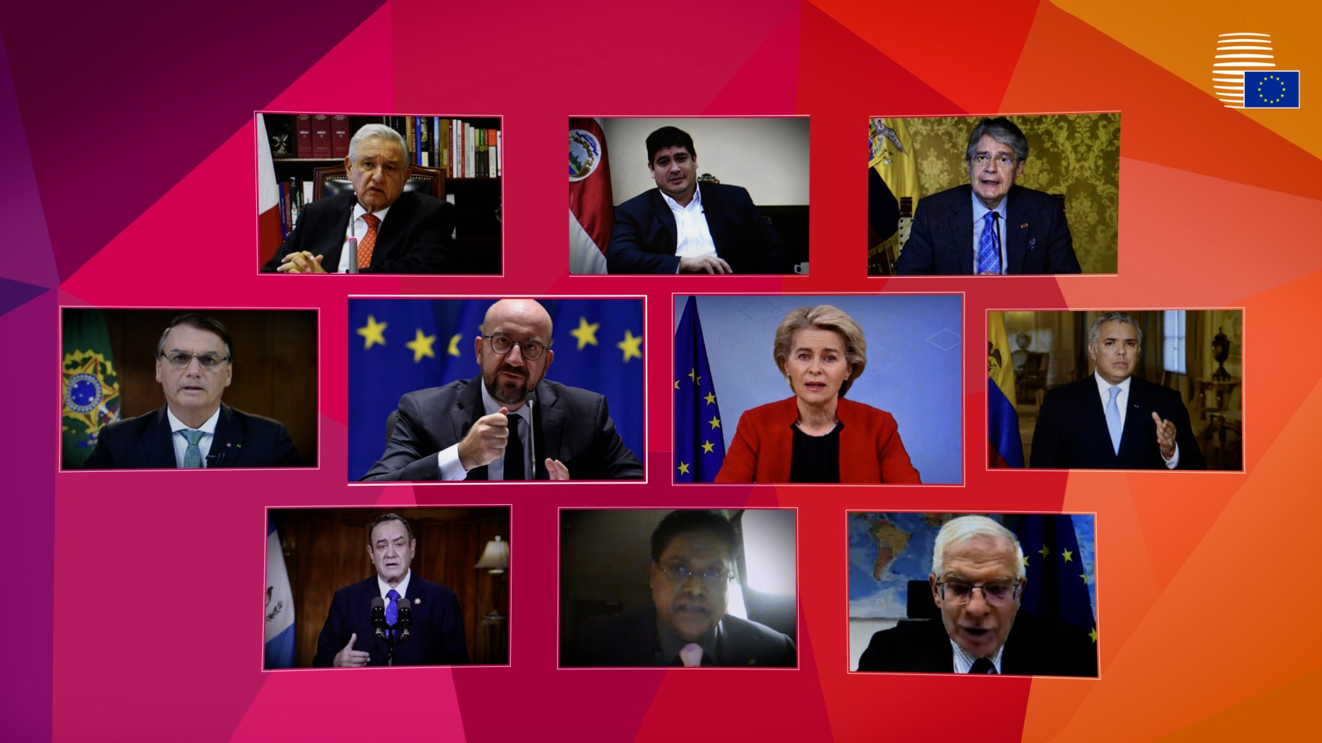 Záběry s vedoucími představiteli EU a Latinské Ameriky a Karibiku během videokonference