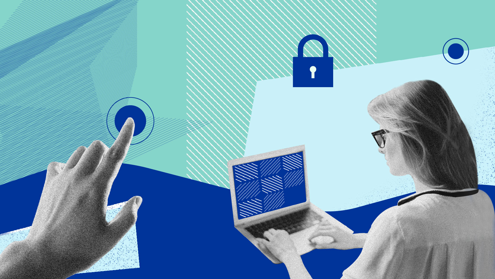 Illustrationen viser forskellige elementer, der repræsenterer den digitale verden, bl.a. en kvinde, der arbejder på en computer, og en hånd, der klikker på en skærm. Baggrunden er blå og grøn.