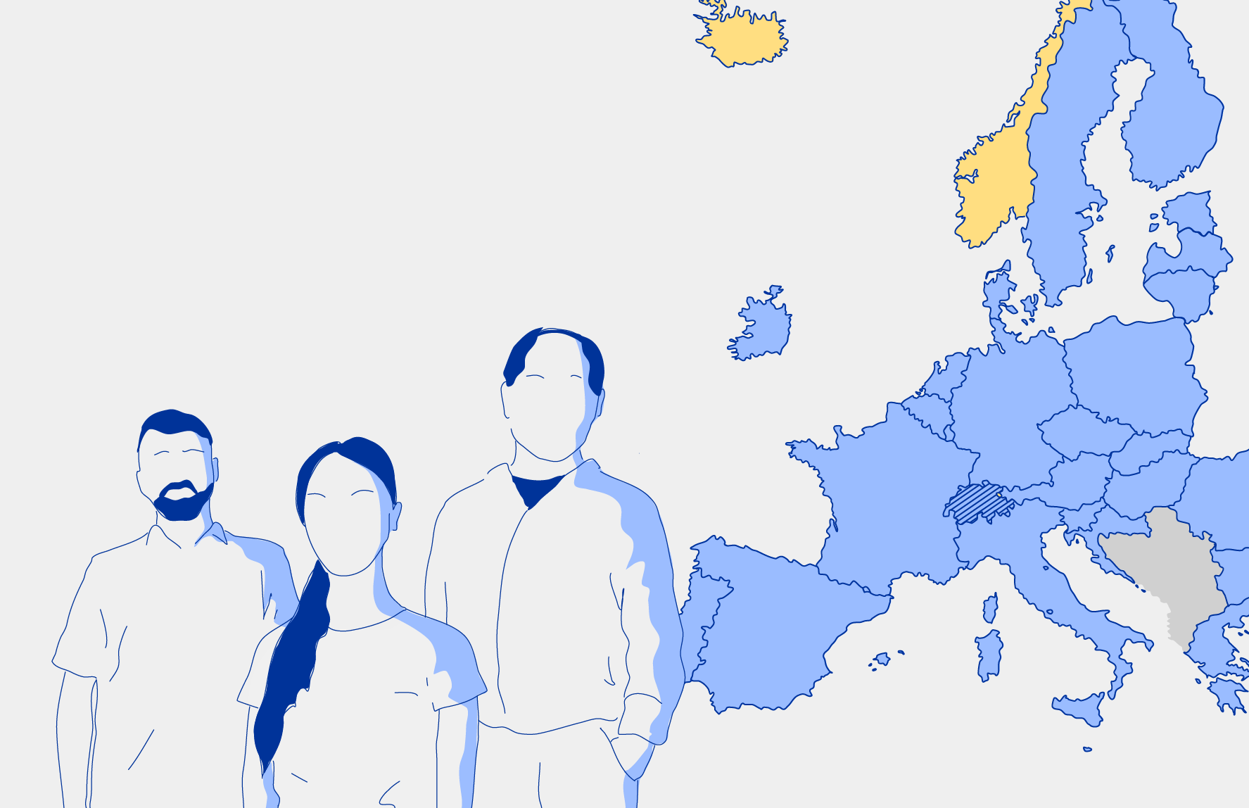 Illustrazione di una donna e di due uomini e di una mappa sullo sfondo che mostra i paesi membri del mercato unico dell'UE