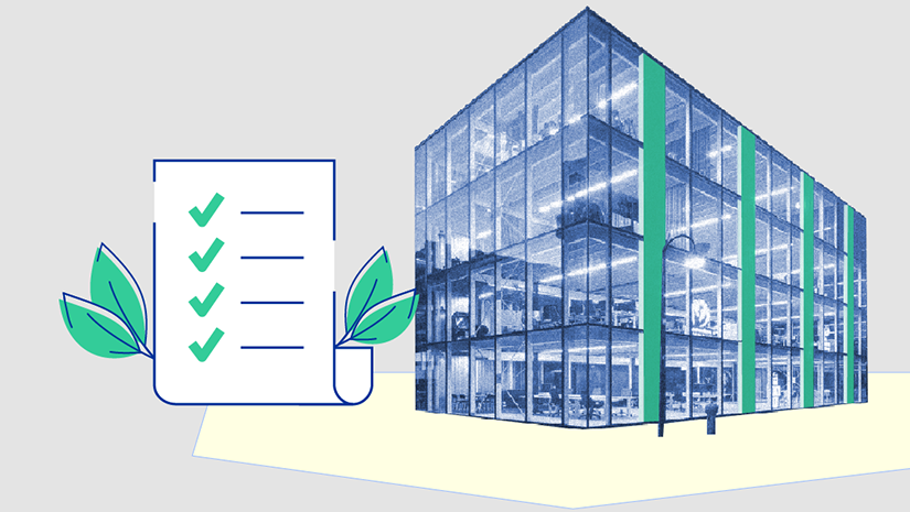 Um edifício de escritórios envidraçado moderno com elementos decorativos verticais verdes, e uma lista de controlo ilustrada com vistos e folhas verdes, a simbolizar a sustentabilidade e a responsabilidade ambiental.