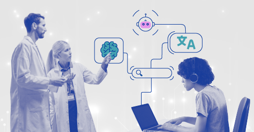 Laboratorinius chalatus dėvintys mokslininkai diskutuoja, o nešiojamojo kompiuterio programuotojas dirba su piktogramomis, vaizduojančiomis dirbtinį intelektą, smegenis ir vertimą iš vienos kalbos į kitą.