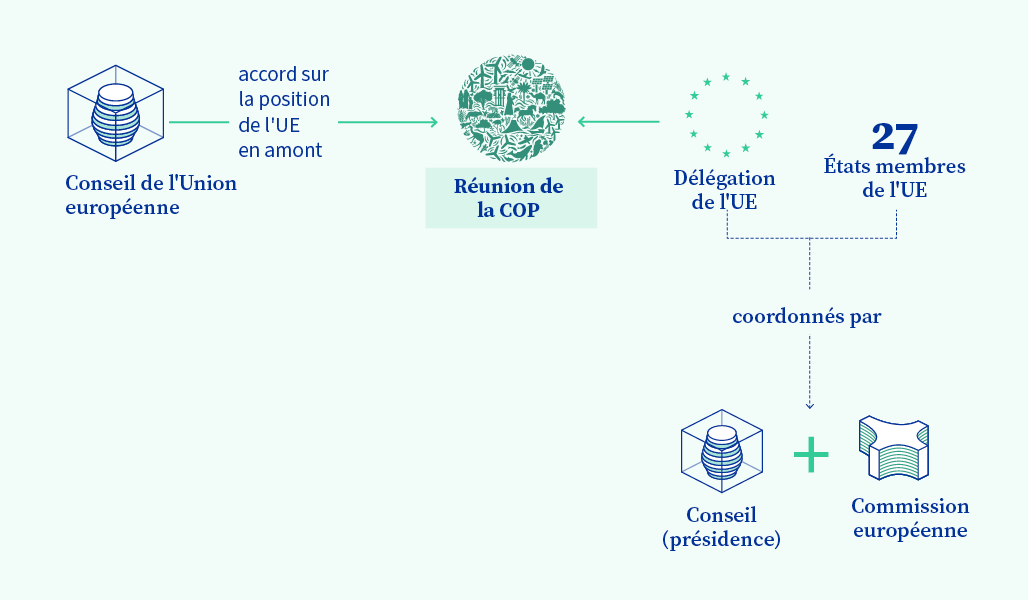 Illustration graphique du rôle de l'UE et du Conseil lors des réunions de la COP.
