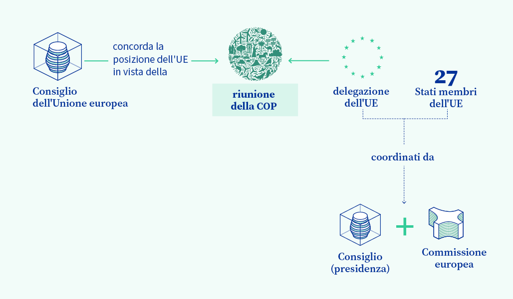 Rappresentazione grafica del ruolo dell'UE e del Consiglio alle riunioni della COP.