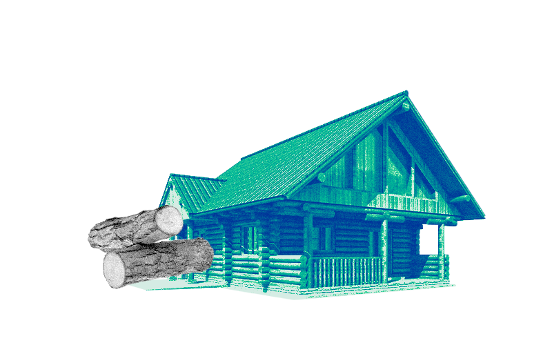 Ein Holzhaus und einige Baumstämme.