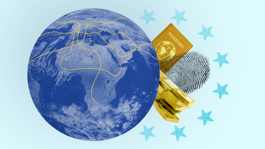 A globe with yellow lines representing travel routes, accompanied by a passport, a fingerprint, and a stack of gold coins, surrounded by blue stars.