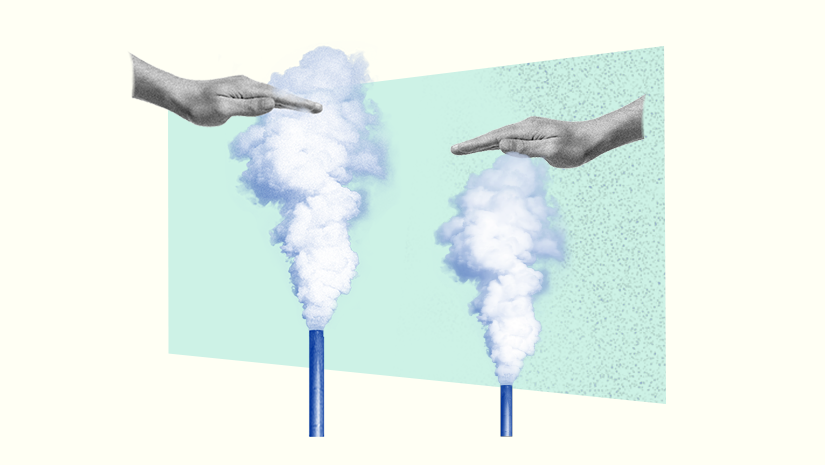 Illustratsioon: kaks kätt, mis summutavad tehasekorstnatest väljuvat suitsu.