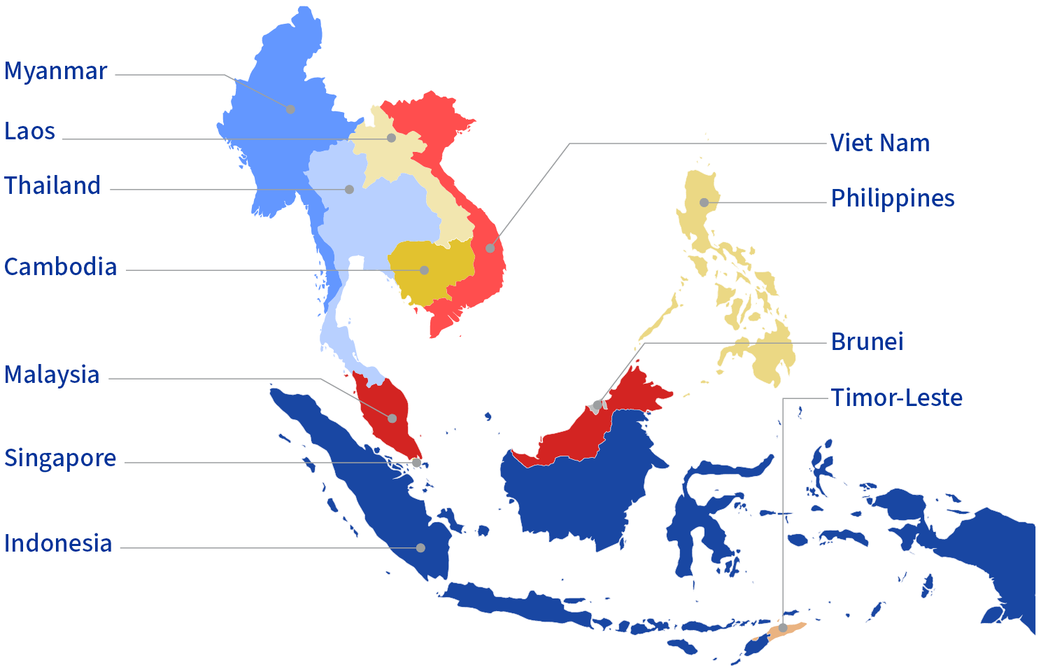 Map of Southeast Asia with eleven ASEAN states marked: Brunei, Cambodia, Indonesia, Laos, Malaysia, Myanmar, the Philippines, Singapore, Timor-Leste, Thailand and Viet Nam.