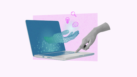 Una mano digital de líneas estilizadas y reticular sale de la pantalla de un ordenador portátil y se dirige hacia otra mano, lo que simboliza la interacción entre el ser humano y la inteligencia artificial.