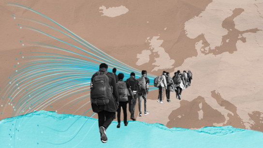 A line of people with backpacks walks from a stylised blue sea towards a map of Europe, with sweeping blue lines suggesting large migration flows into the continent.