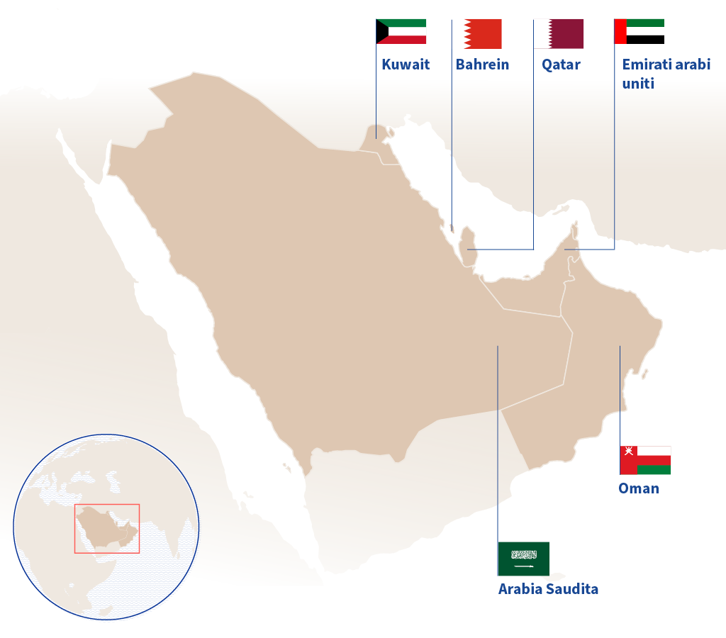 Mappa in cui sono evidenziati i sei Stati arabi del Golfo che fanno parte del Consiglio di cooperazione del Golfo: Arabia Saudita, Emirati arabi uniti, Oman, Kuwait, Qatar e Bahrein.