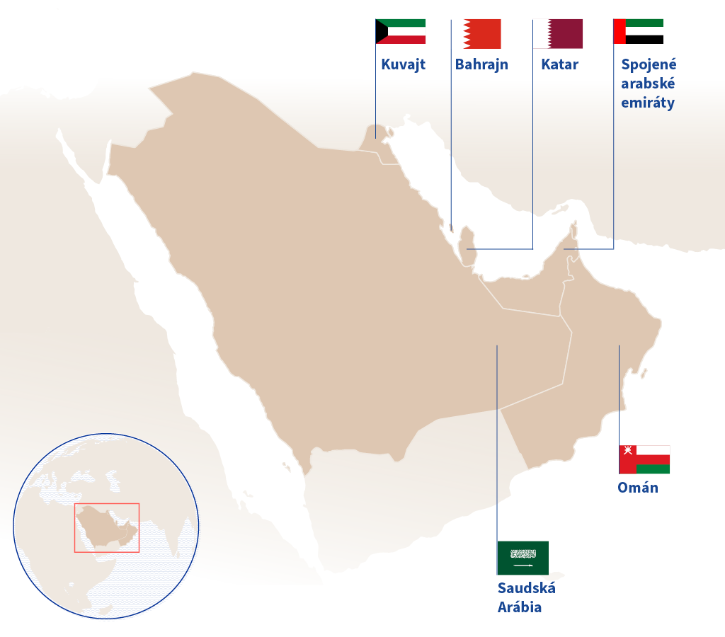 Mapa znázorňujúca šesť štátov Perzského zálivu, ktoré sú súčasťou Rady pre spoluprácu v Perzskom zálive: Saudská Arábia, Spojené arabské emiráty, Omán, Kuvajt, Katar a Bahrajn.