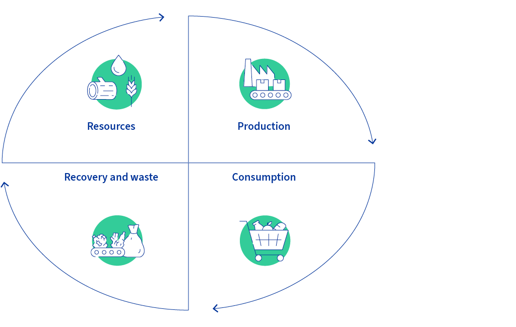 Illustration of a circular economic model with four stages (resources, production, consumption, and recovery and waste) that work in a loop.