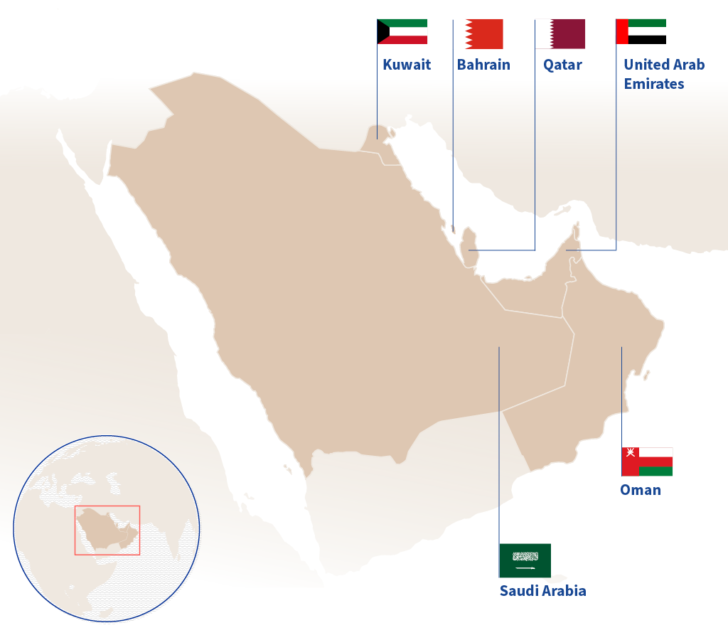 Map highlighting the six Arab Gulf states that are part of the Gulf Cooperation Council: Saudi Arabia, United Arab Emirates, Oman, Kuwait, Qatar and Bahrain.