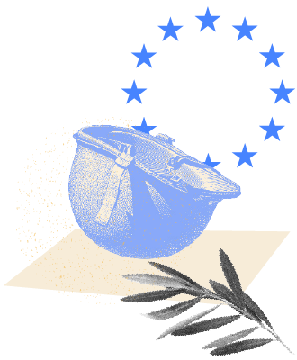 Přilba, větvička olivovníku a kruh tvořený hvězdami EU.