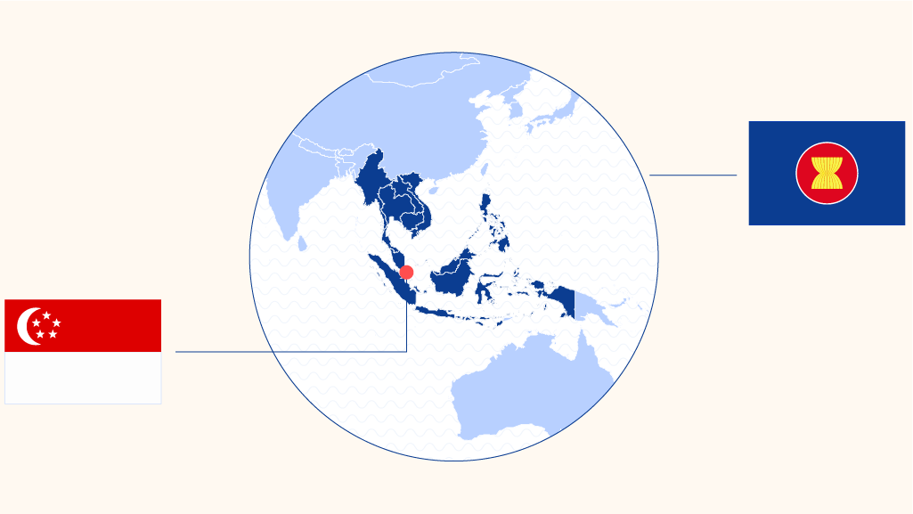 Kort over ASEAN-regionen med Singapore fremhævet. Ved siden af kortet ses Singapores flag til venstre og ASEAN's flag til højre.