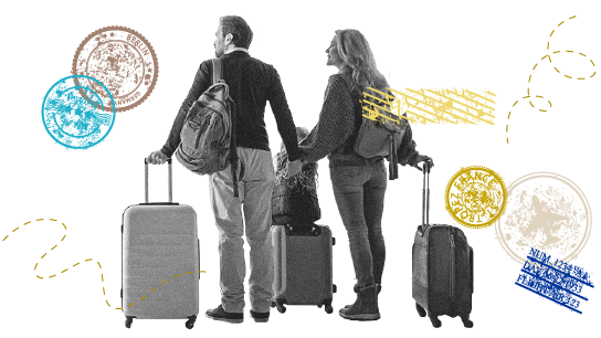 visual depics a family, traveling with luggage 