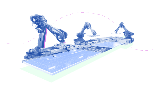 Robots in an industrial supply chain, with a blue filter.