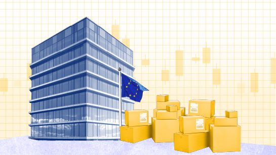 Illustration représentant un immeuble de bureaux et un drapeau de l'Union européenne placés à côté d'un amoncellement de colis, évoquant la réglementation européenne en matière de commerce ou de colis.