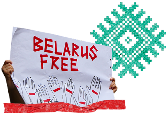 Een persoon houdt een groot blad papier vast met de tekst "Belarus free".