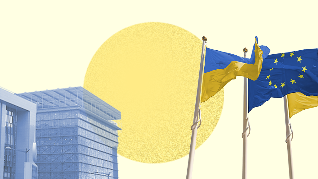 A Council's building on the left and the flags of the European Union and Ukraine on the right.