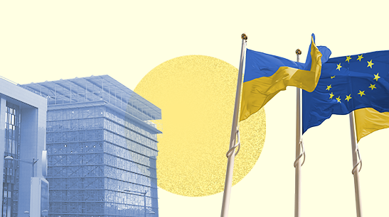 The Council's Europa building and the flags of Ukraine and of the European Union.