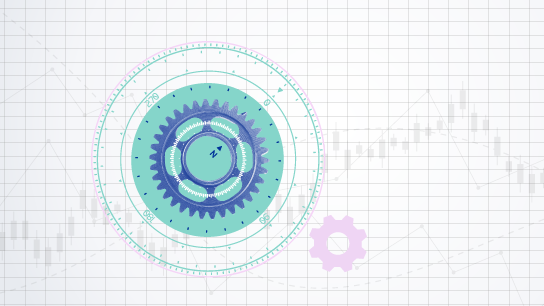 Circular diagram resembling a compass, with multiple concentric layers. The background consists of a grid and faint financial graph lines. 