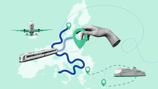 Flere lokaliseringsmarkører på et kort over Europa, hvor der er tegnet ruter mellem markørerne med et fly, et tog og en færge ovenpå.