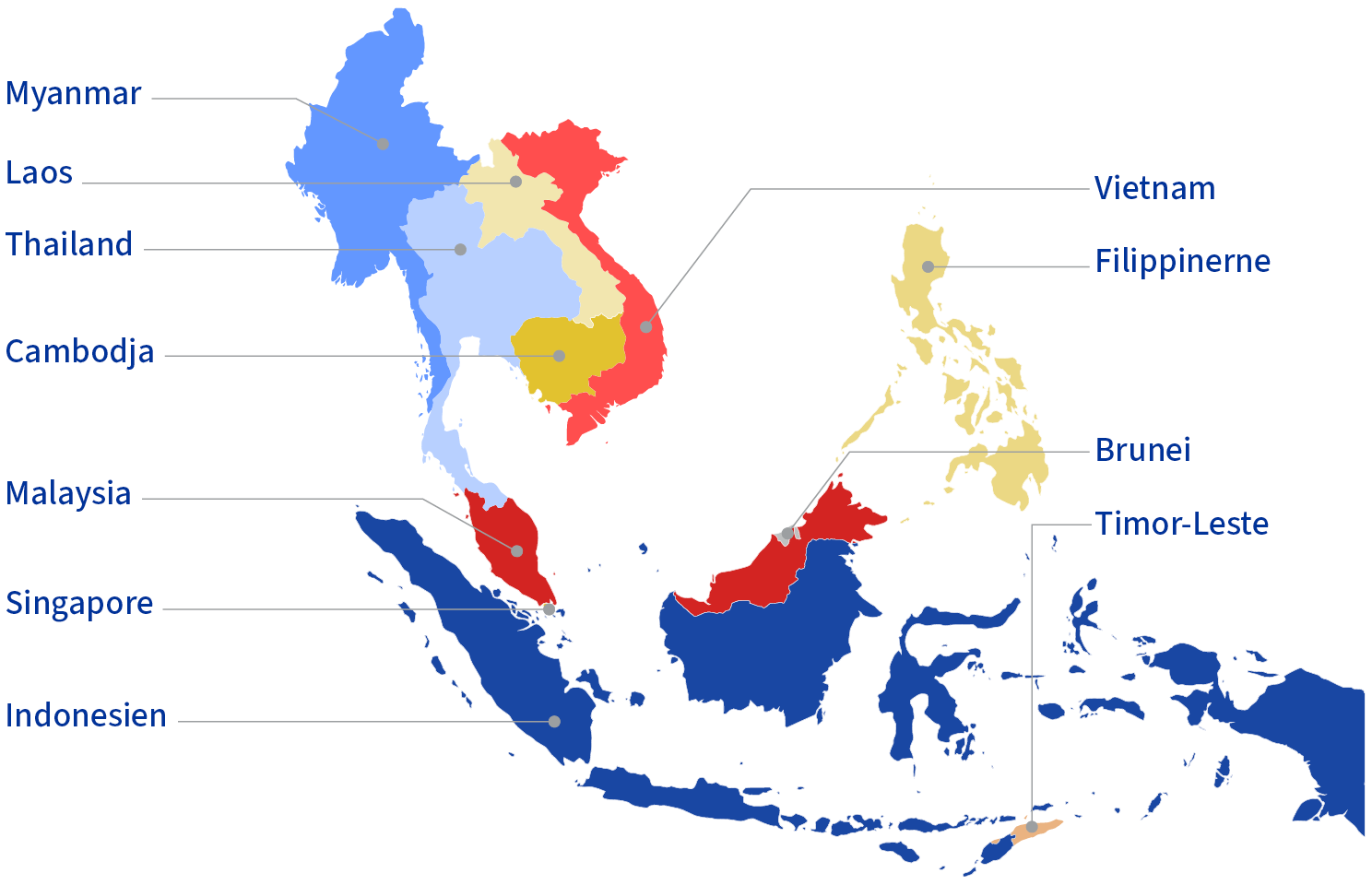 Kort over Sydøstasien med markering af de 11 ASEAN-stater: Brunei, Cambodja, Filippinerne, Indonesien, Laos, Malaysia, Myanmar, Singapore, Thailand, Timor-Leste og Vietnam.