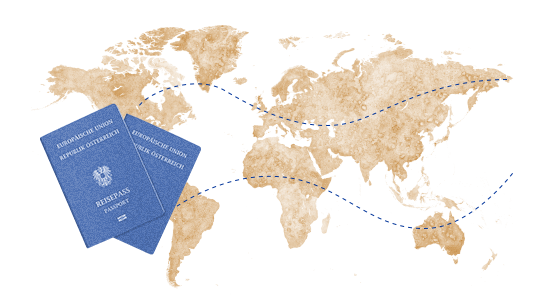 A passport and a map of the world.