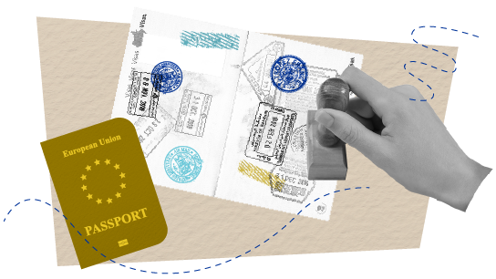 Visual showing a passport and a stamp