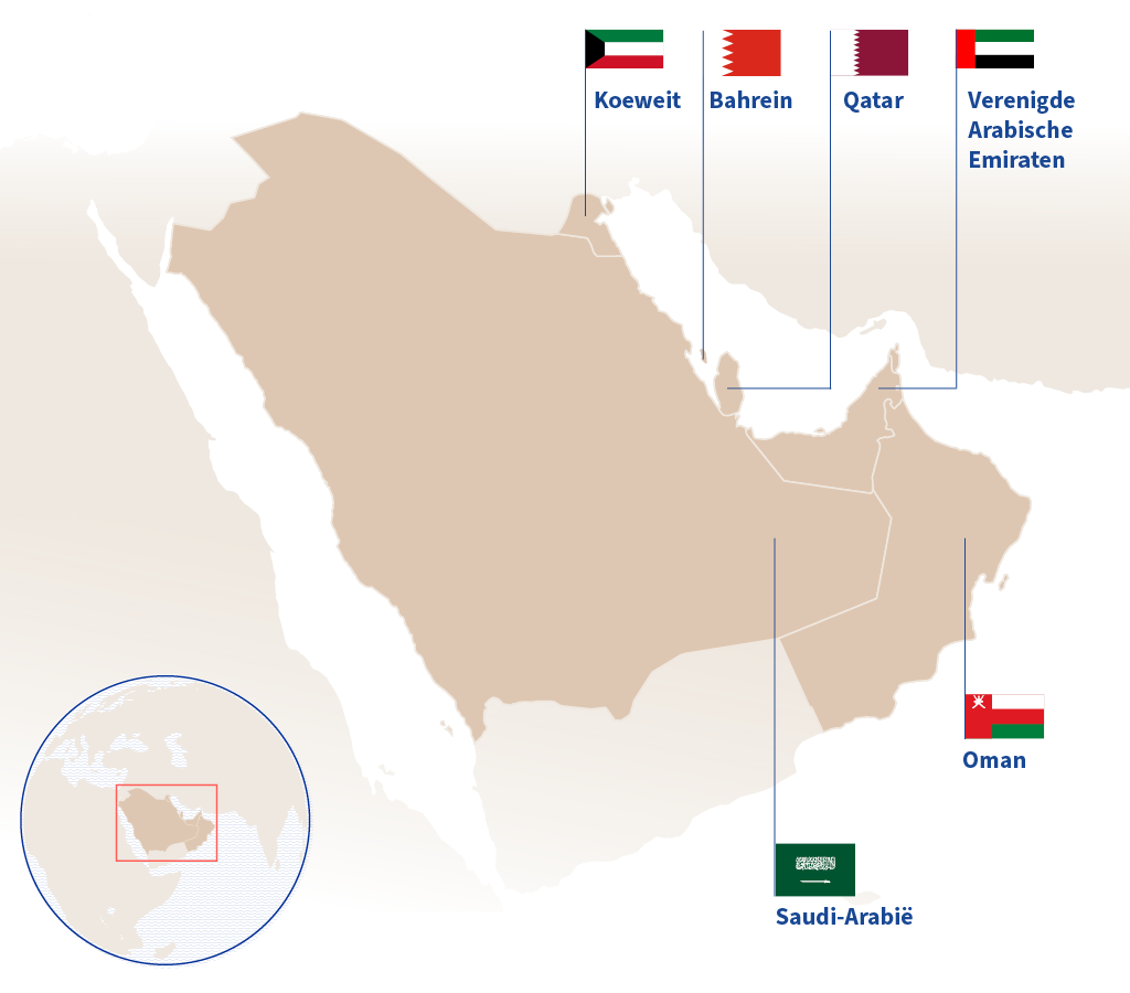 Kaart met de 6 Arabische Golfstaten van de Samenwerkingsraad van de Golf: Saudi-Arabië, de Verenigde Arabische Emiraten, Oman, Koeweit, Qatar en Bahrein.