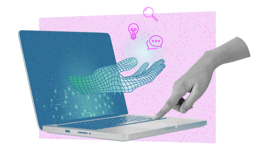 Prijenosno računalo iz čijeg zaslona izlazi digitalna ruka s teksturom žičane mreže.