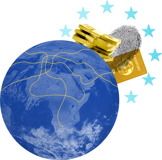 Um globo terrestre com linhas amarelas que representam itinerários de viagem, acompanhado de um passaporte, de uma impressão digital e de uma pilha de notas em ouro, rodeados por estrelas azuis.